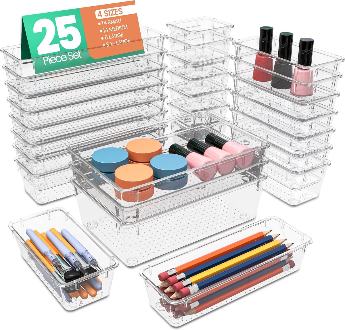25-Piece Clear Drawer Organizer Set – Multi-Size Storage Trays