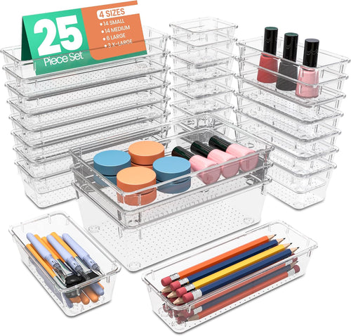 25-Piece Clear Drawer Organizer Set – Multi-Size Storage Trays
