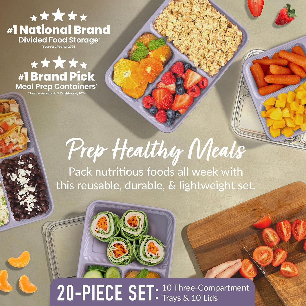 Prep 3-Compartment Meal Prep Containers with Lids, 20 Piece Set